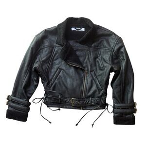 NWOT Zara Black Faux Leather Moto Cropped Jacket w/ Faux Shearling Lining Size S